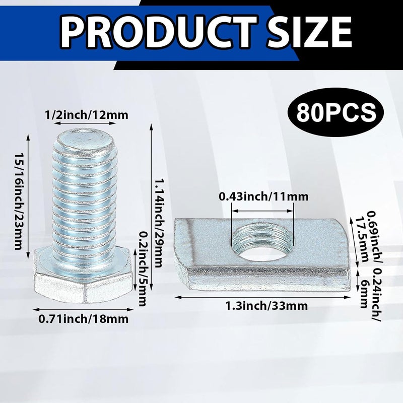 Yaocom 80 Pcs Channel Nut and 1/2 x 15/16 Bolt for All 1-5/8 Strut Channel, Galvanized Plating Steel Screws for Use in Construction, Industry, Construction Sites, Factories - Image 2